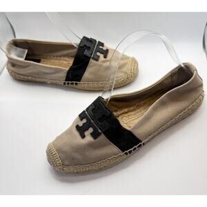 Tory Burch Weston Size 7.5 Flat Espadrille Natural Black Canvas Calf Leather
